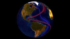 An illustration of the Earth with blue and red lines swirling through the Atlantic