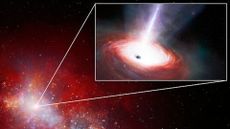 An illustration of a galaxy with a zoomed-in inset showing a black hole