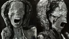 ct scan of a mummy with a gaping face wearing fibrous wig. We see her face at left and her profile at right.