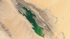 A satellite image showing a lake formed in a desert