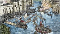 An illustration of Viking ships attacking a city